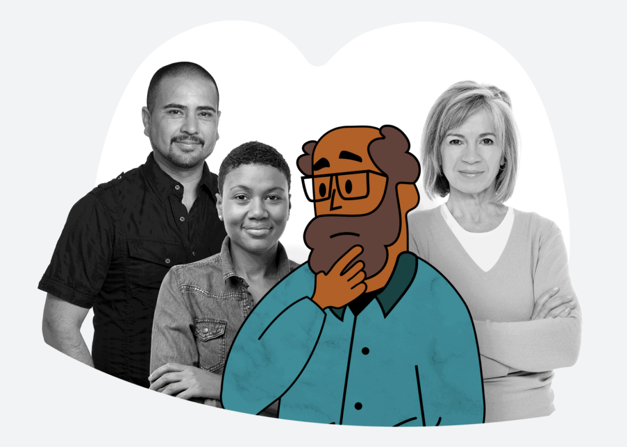 Images of 3 real people in black-and-white with one person replaced by an illustrated man with a beard